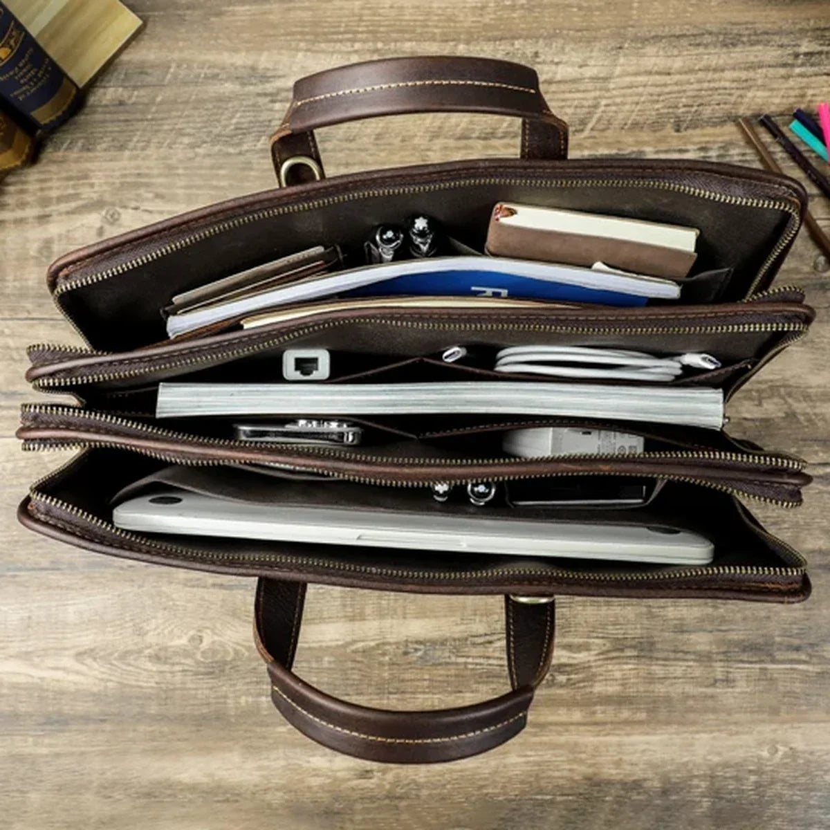 Men’s Leather Laptop Briefcase with 3 Zip Compartments for Work - Coffee