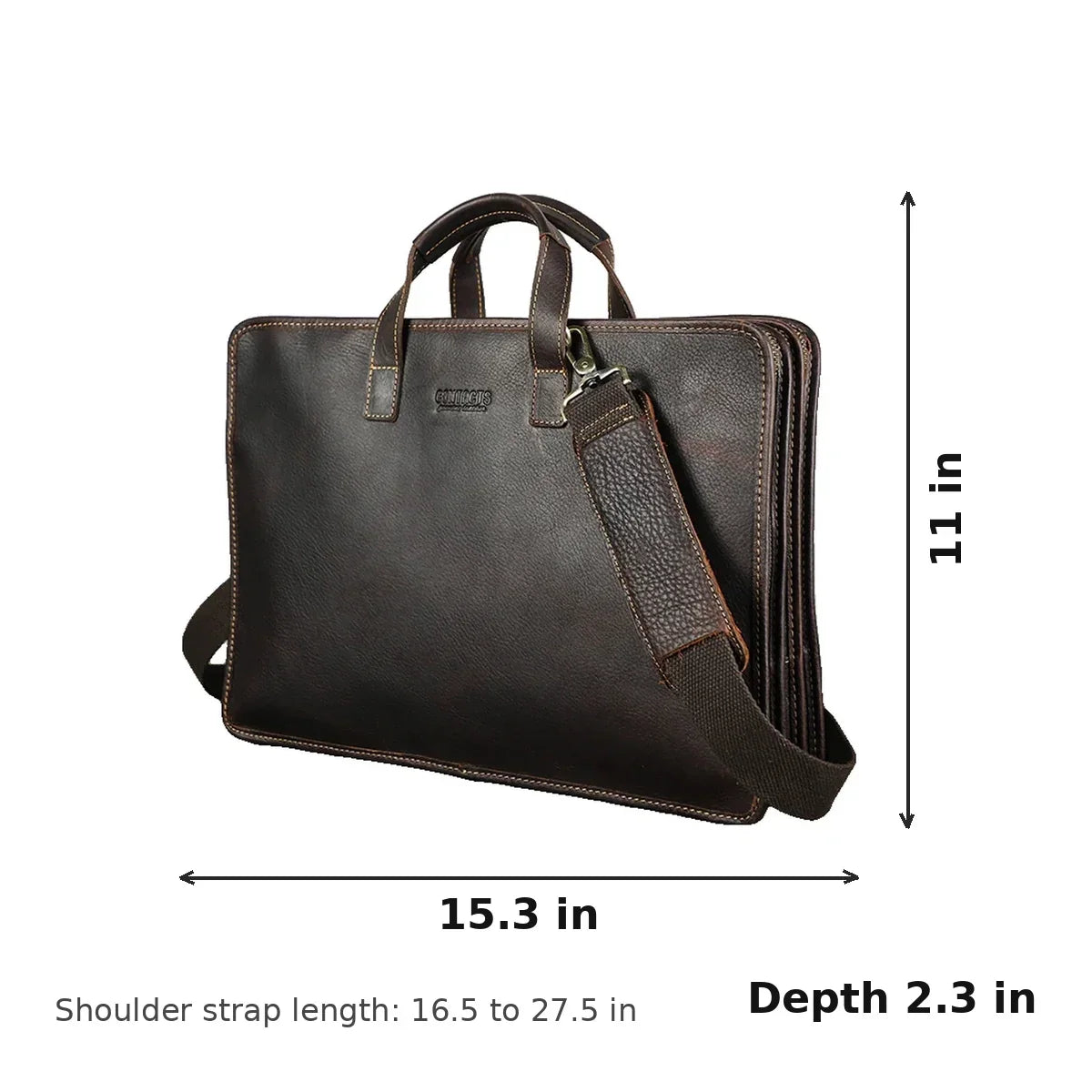 Men’s Leather Laptop Briefcase with 3 Zip Compartments for Work - Coffee