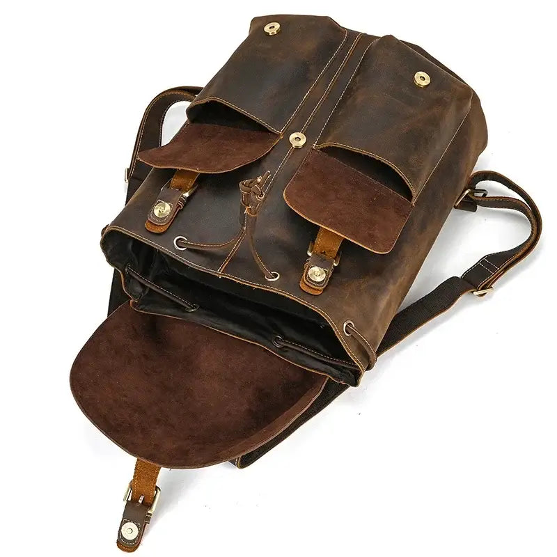 Full-Grain Leather Vintage Backpack – Soft Structure with Triple Flap Pockets