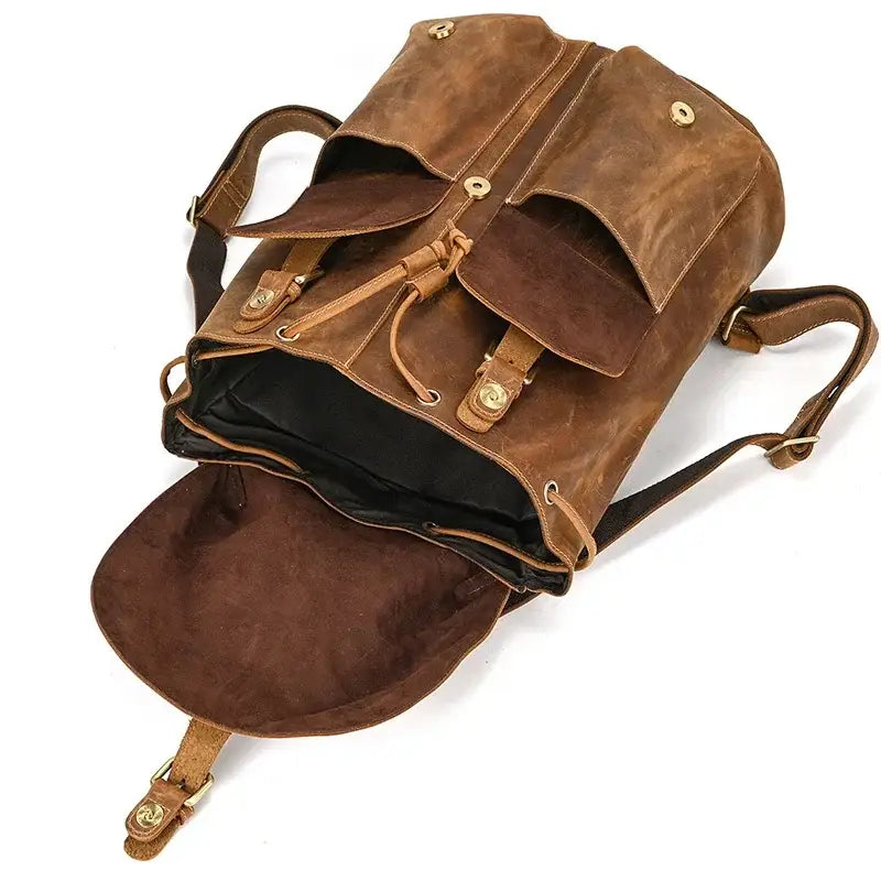 Full-Grain Leather Vintage Backpack – Soft Structure with Triple Flap Pockets