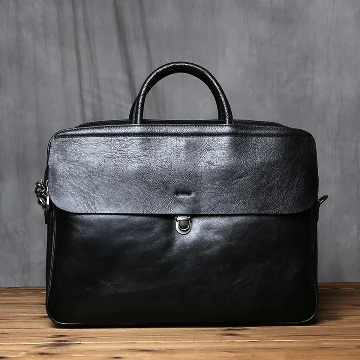 Genuine Leather Flap Briefcase with Push Lock 15 Inch