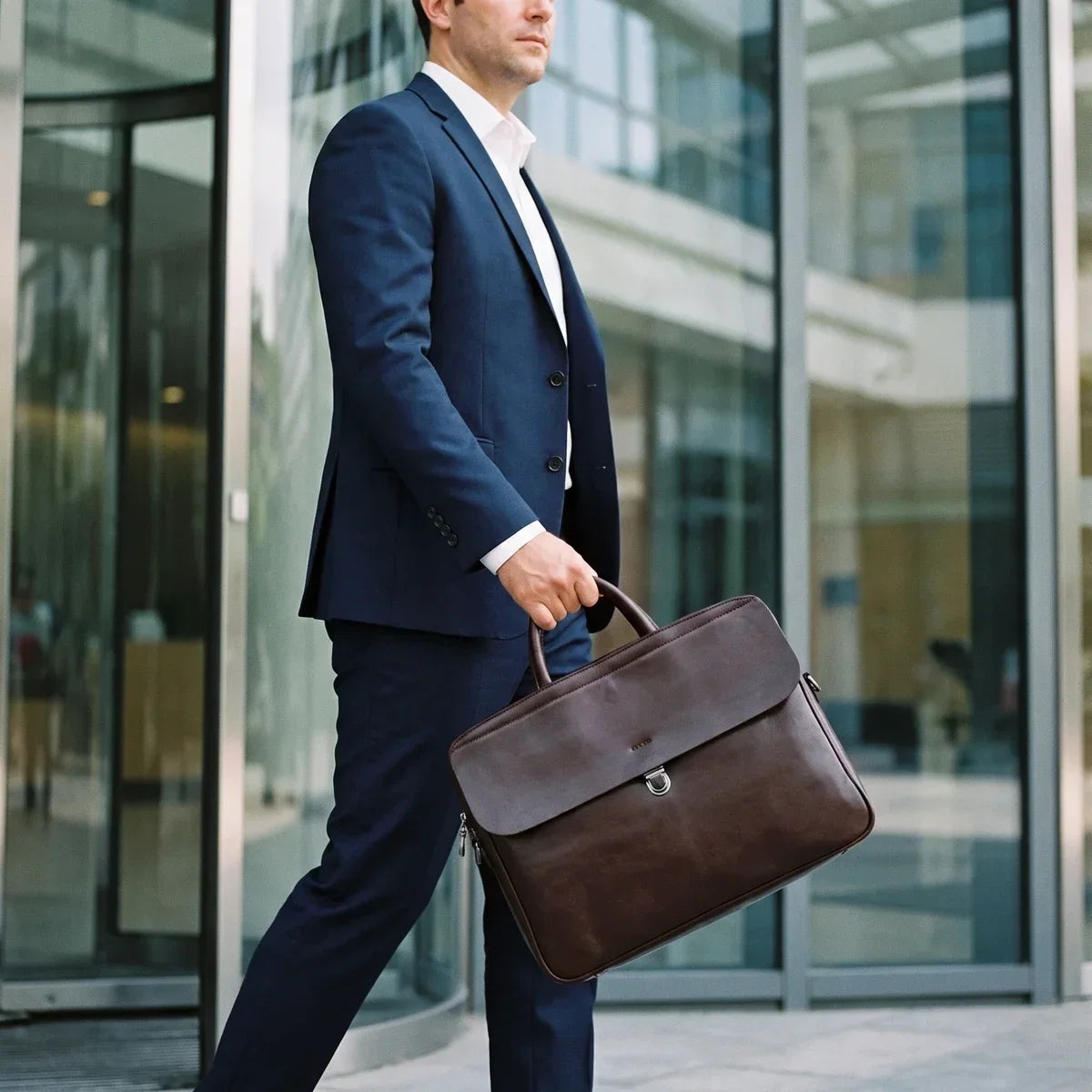 Genuine Leather Flap Briefcase with Push Lock 15 Inch