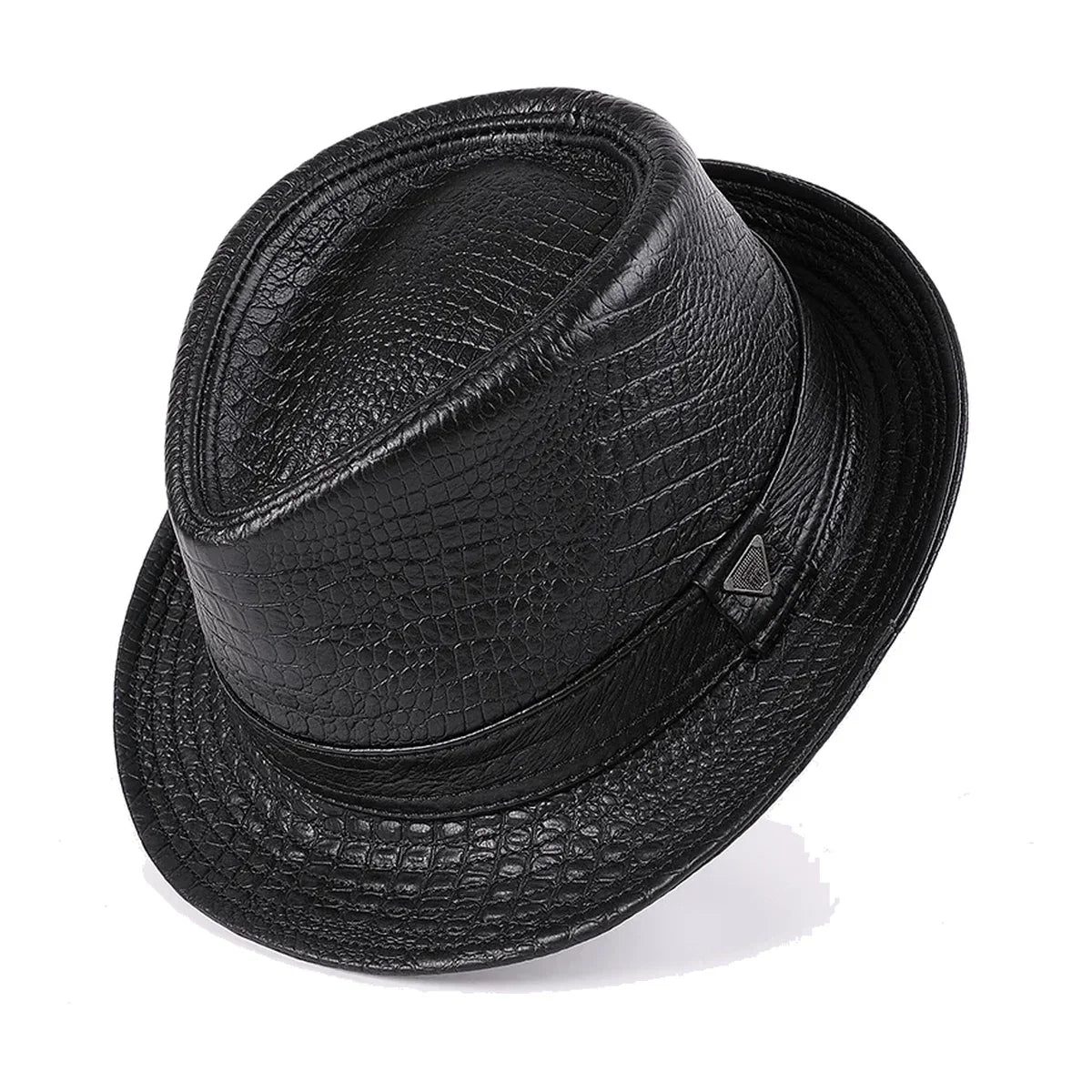 Genuine Leather Short Brim Fedora Hat - Black Croc / L (US 6 7/8 to 7)