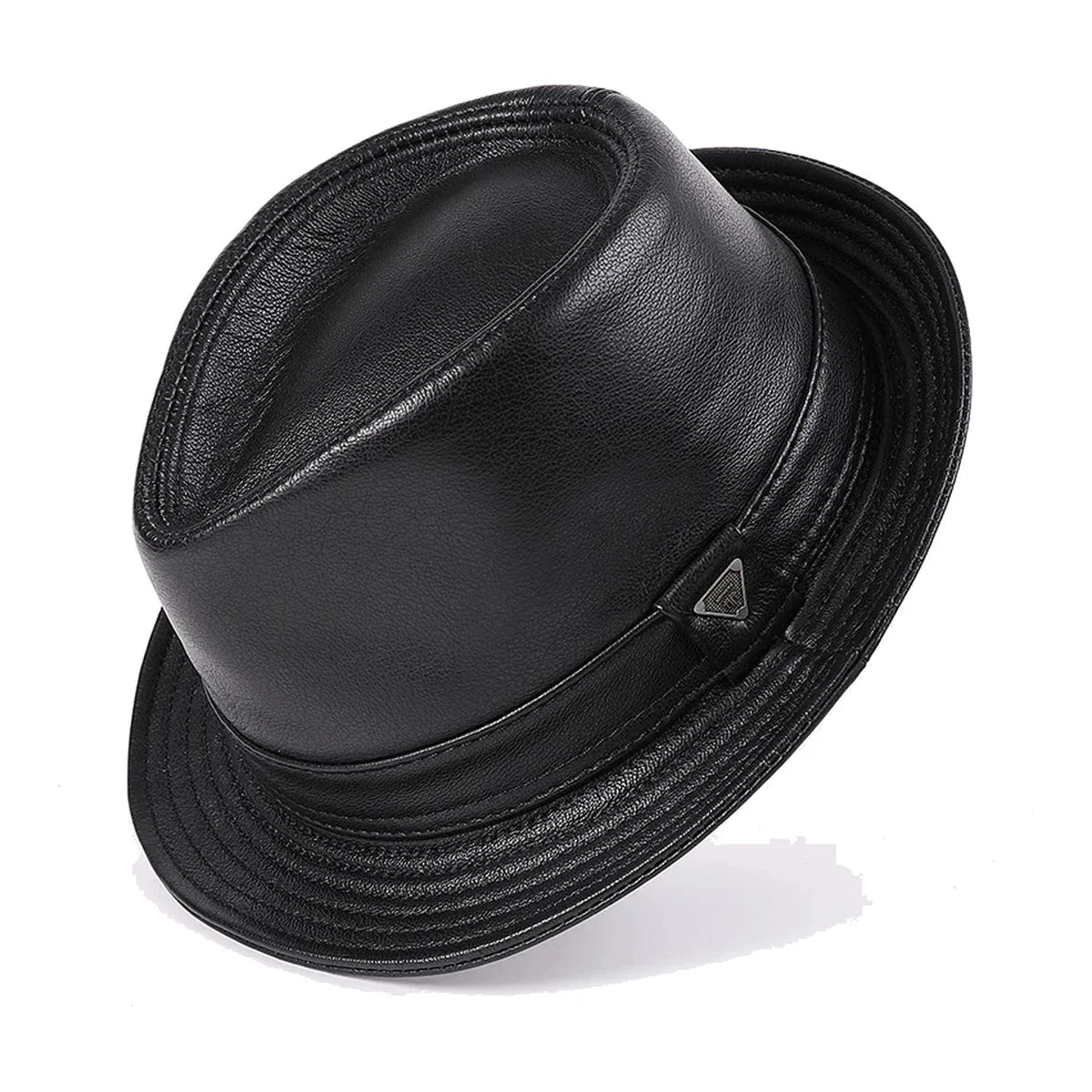 Genuine Leather Short Brim Fedora Hat - Black / L (US 6 7/8 to 7)