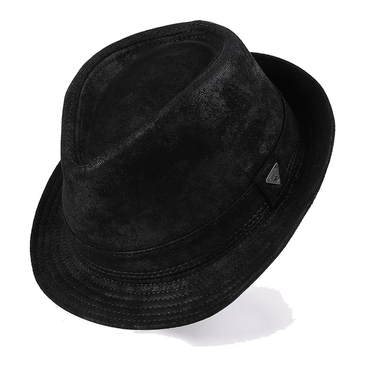 Genuine Leather Short Brim Fedora Hat - Suede Black / L (US 6 7/8 to 7)