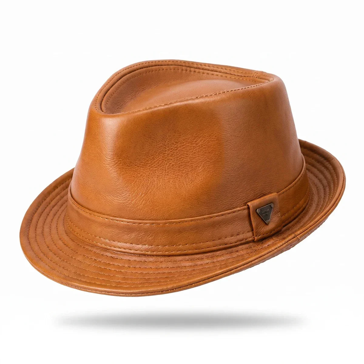 Genuine Leather Short Brim Fedora Hat - Tan / L (US 6 7/8 to 7)