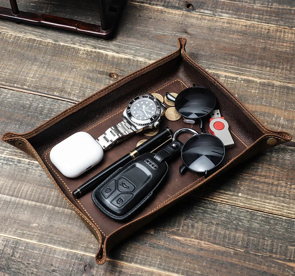 Foldable Leather Valet Tray - Catchall for Keys Watch & Wallet