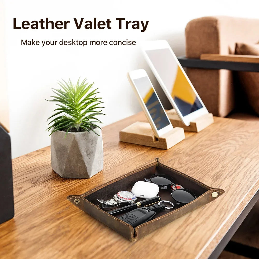 Foldable Leather Valet Tray - Catchall for Keys Watch & Wallet