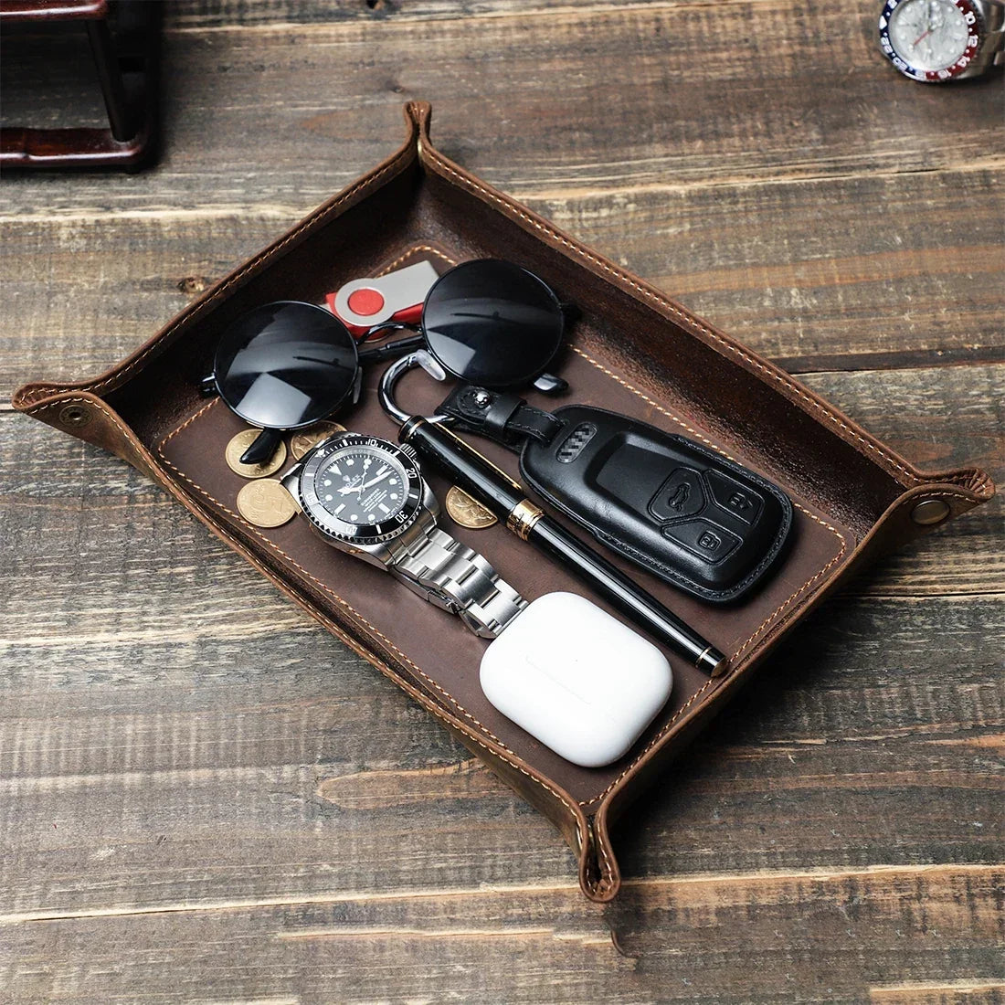Foldable Leather Valet Tray - Catchall for Keys Watch & Wallet