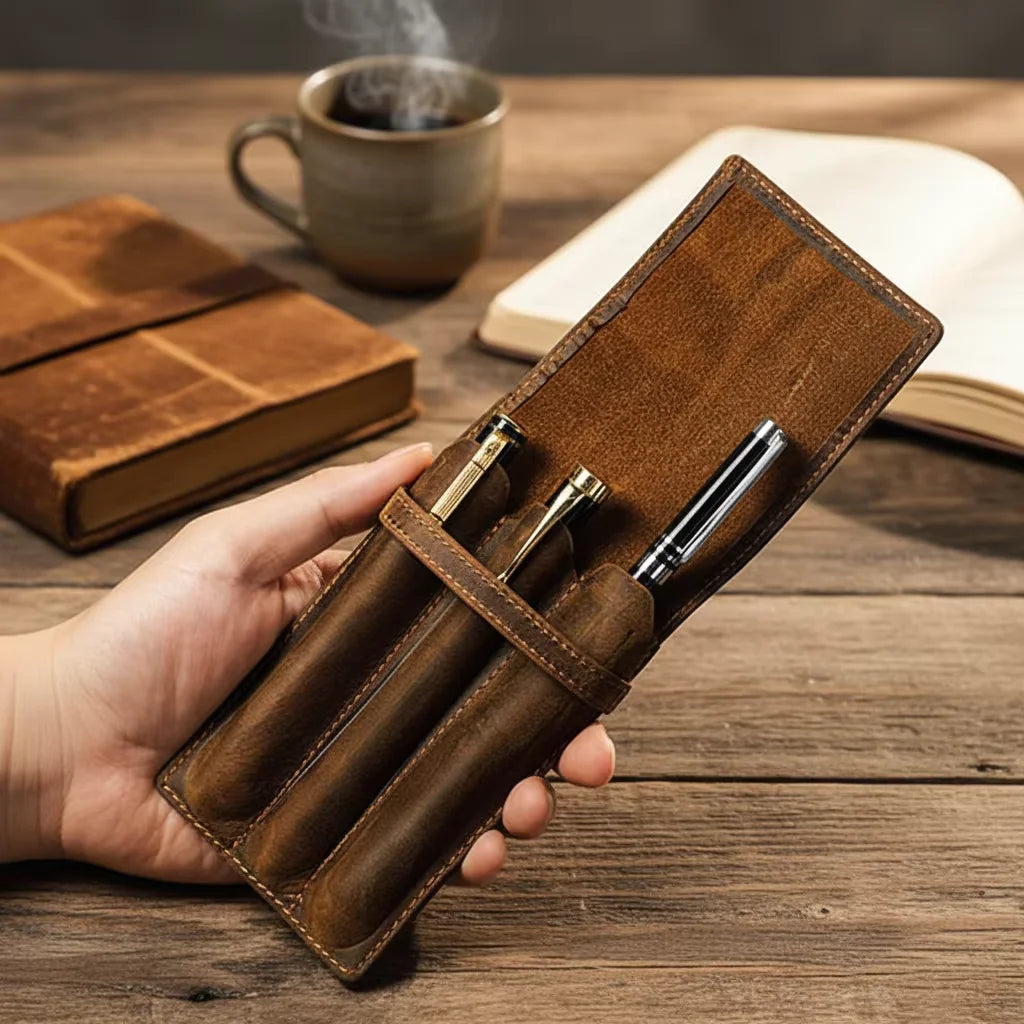 Men’s Leather Pen Case - 3-Slot Flap Closure Holder