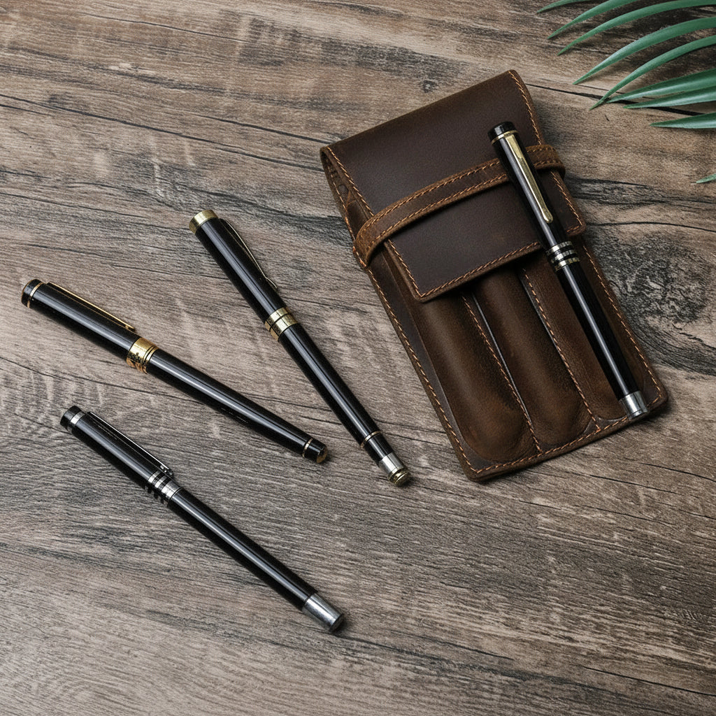 Men’s Leather Pen Case - 3-Slot Flap Closure Holder