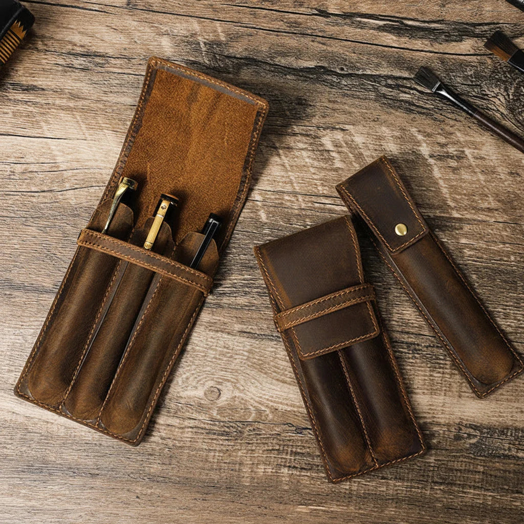 Men’s Leather Pen Case - 3-Slot Flap Closure Holder