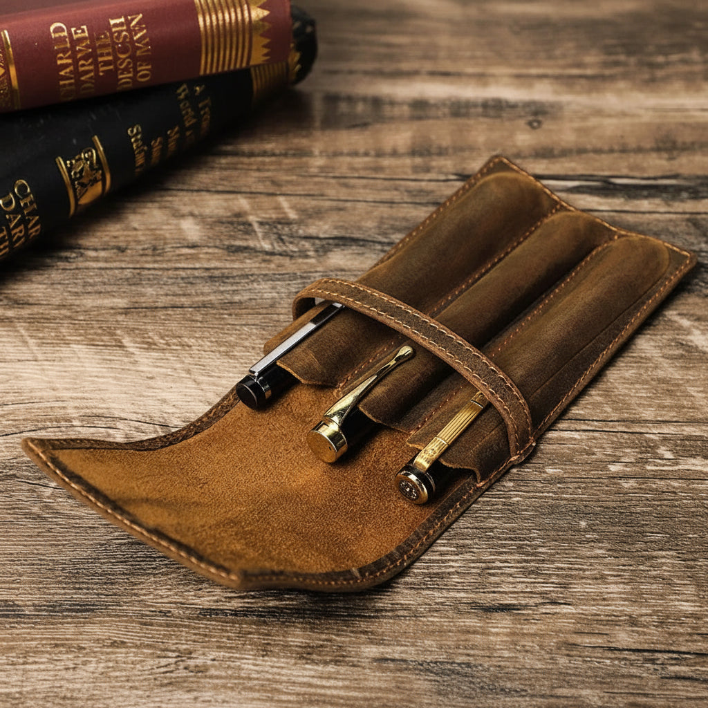Men’s Leather Pen Case - 3-Slot Flap Closure Holder