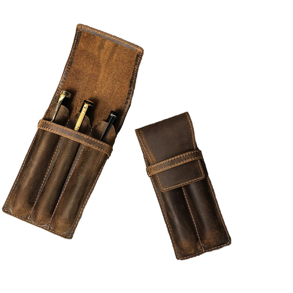 Men’s Leather Pen Case - 3-Slot Flap Closure Holder