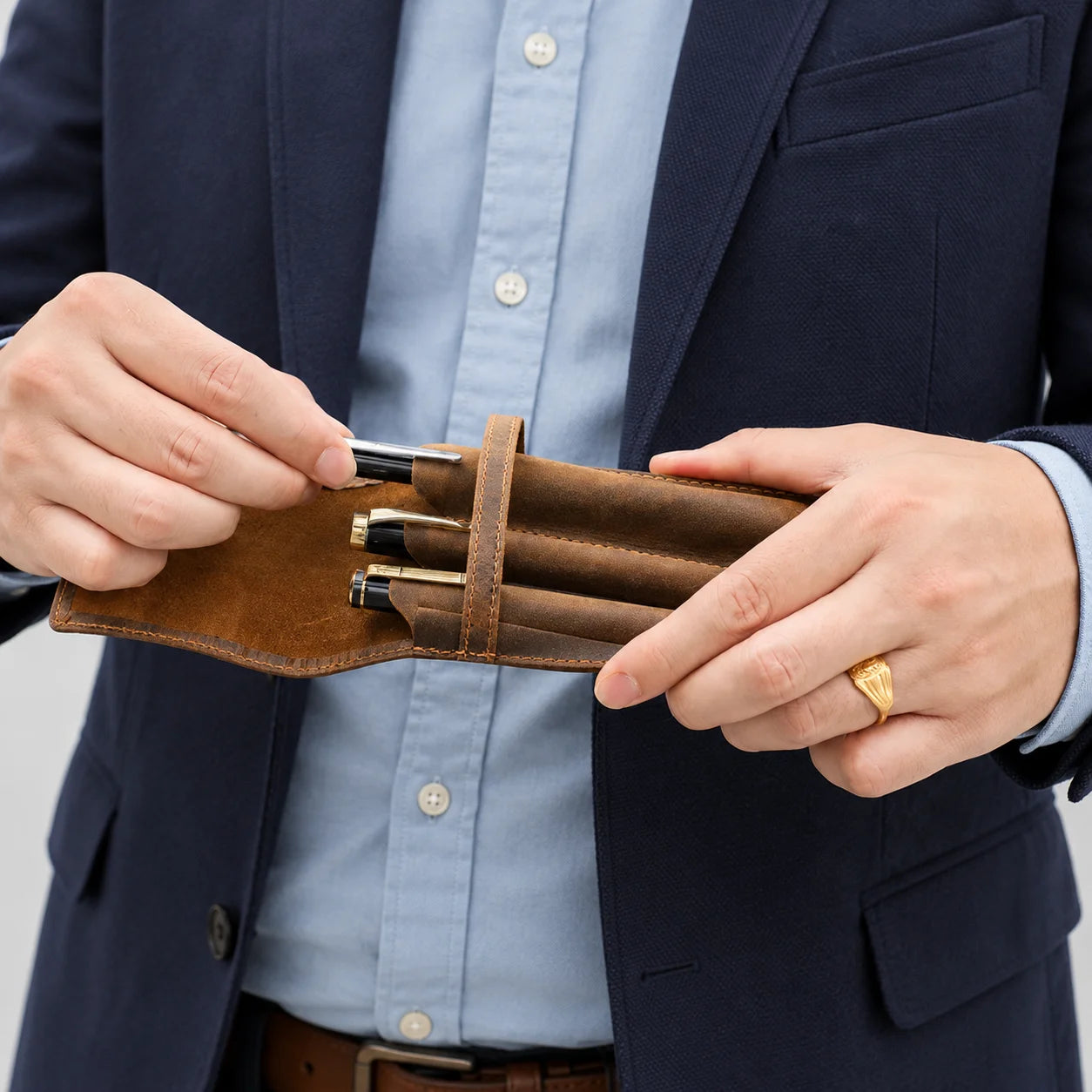 Men’s Leather Pen Case - 3-Slot Flap Closure Holder