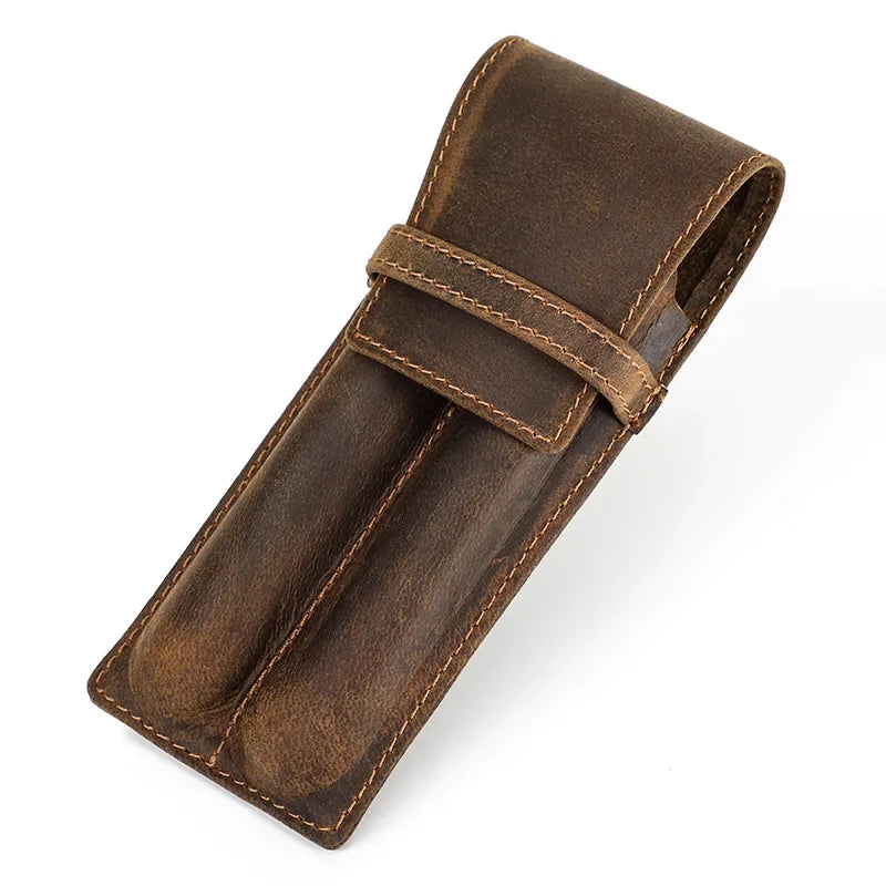Men’s Leather Pen Case - 3-Slot Flap Closure Holder - 2 pens type