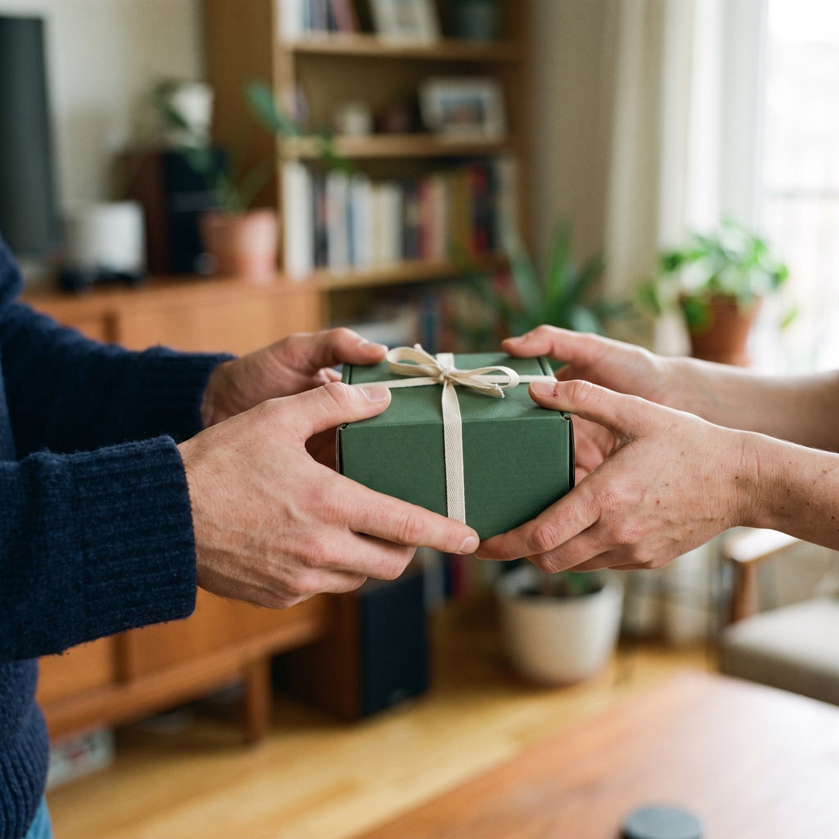 A man receiving a small green gift box