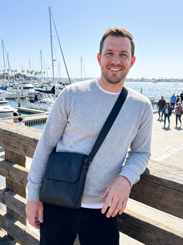 Men's Leather Crossbody Bag - Vertical Flap Tablet Bag