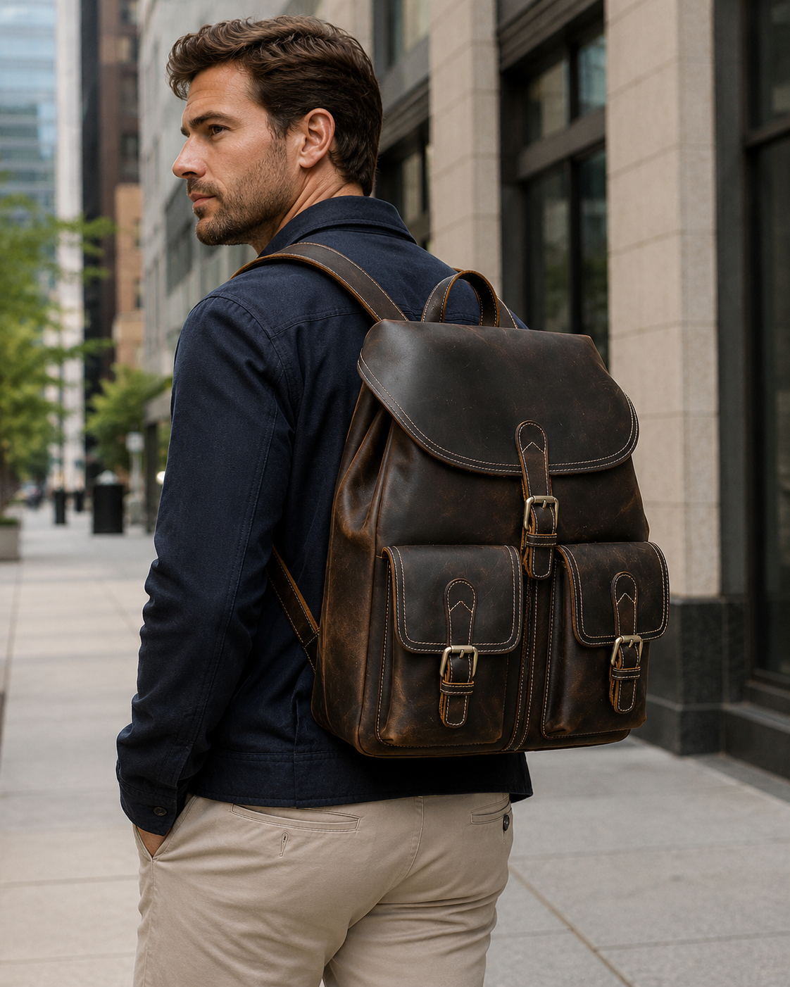 Man wearing a brown leather backpack on a city street