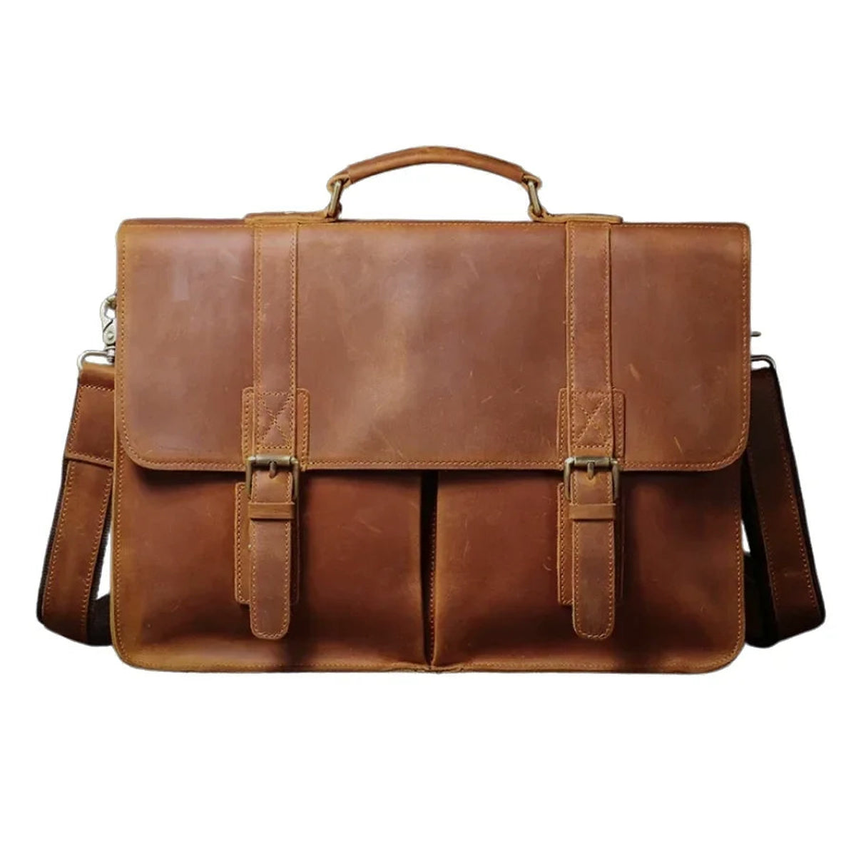 Men’s Vintage Leather Briefcase – Dual Buckle Work Satchel - Brown