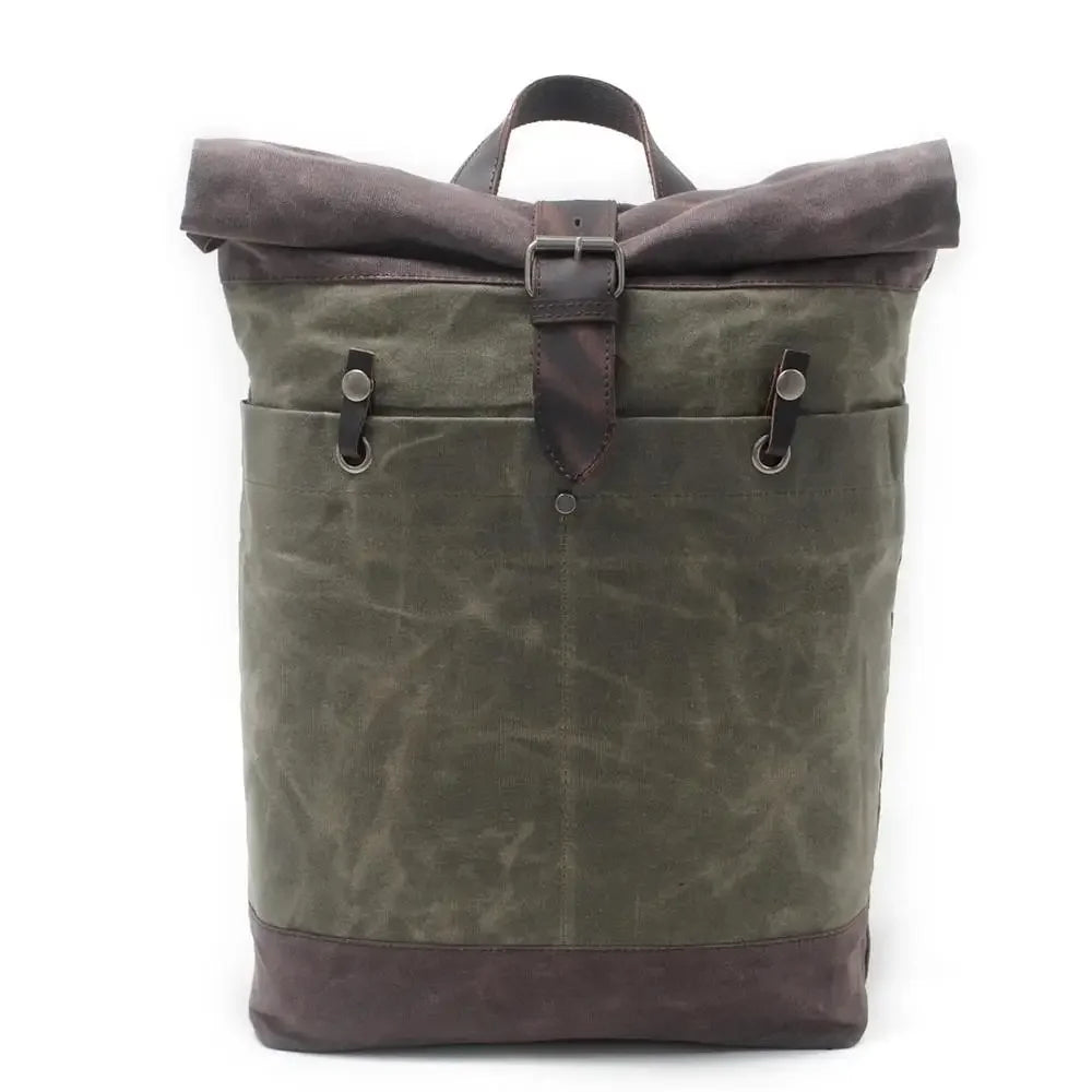 Men’s Waxed Canvas Backpack - Water-Resistant Rolltop Rucksack - Olive