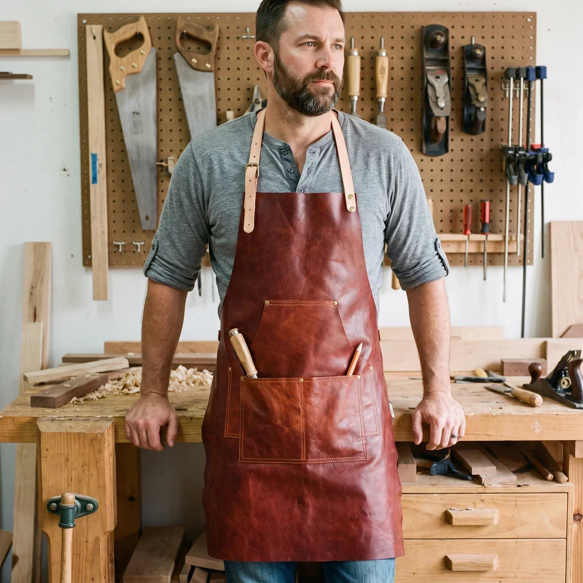 Leather Apron - Cowhide Workshop & BBQ Apron with Pockets - Brown