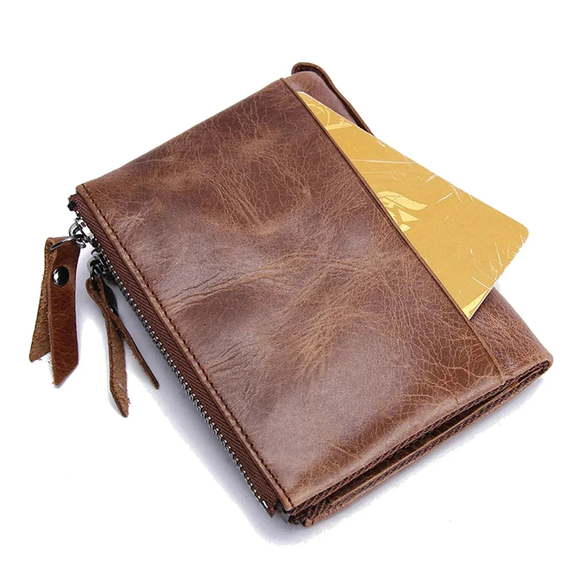 Leather Bifold Wallet - Dual Zip Coin Pockets & Photo Window