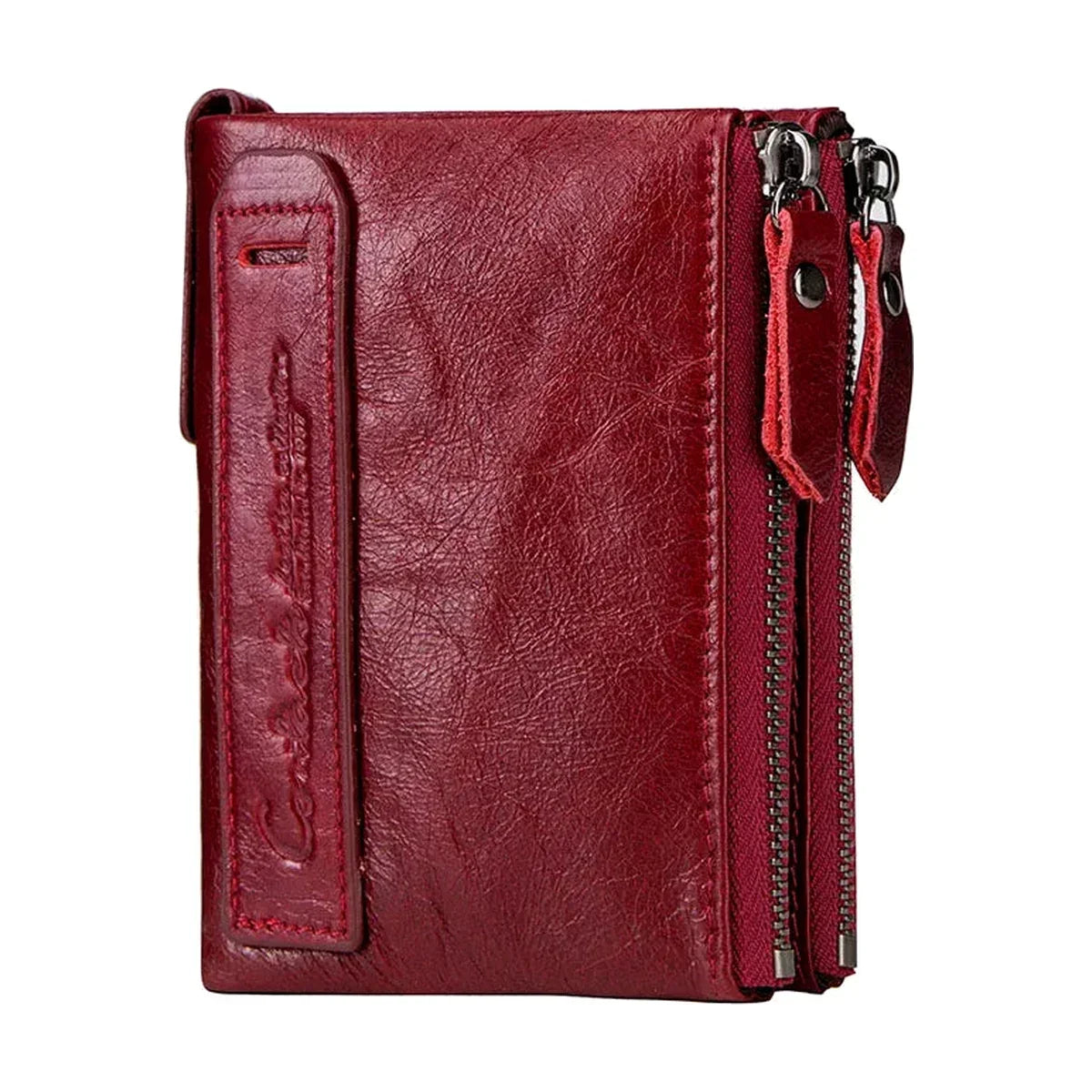 Leather Bifold Wallet - Dual Zip Coin Pockets & Photo Window - Red