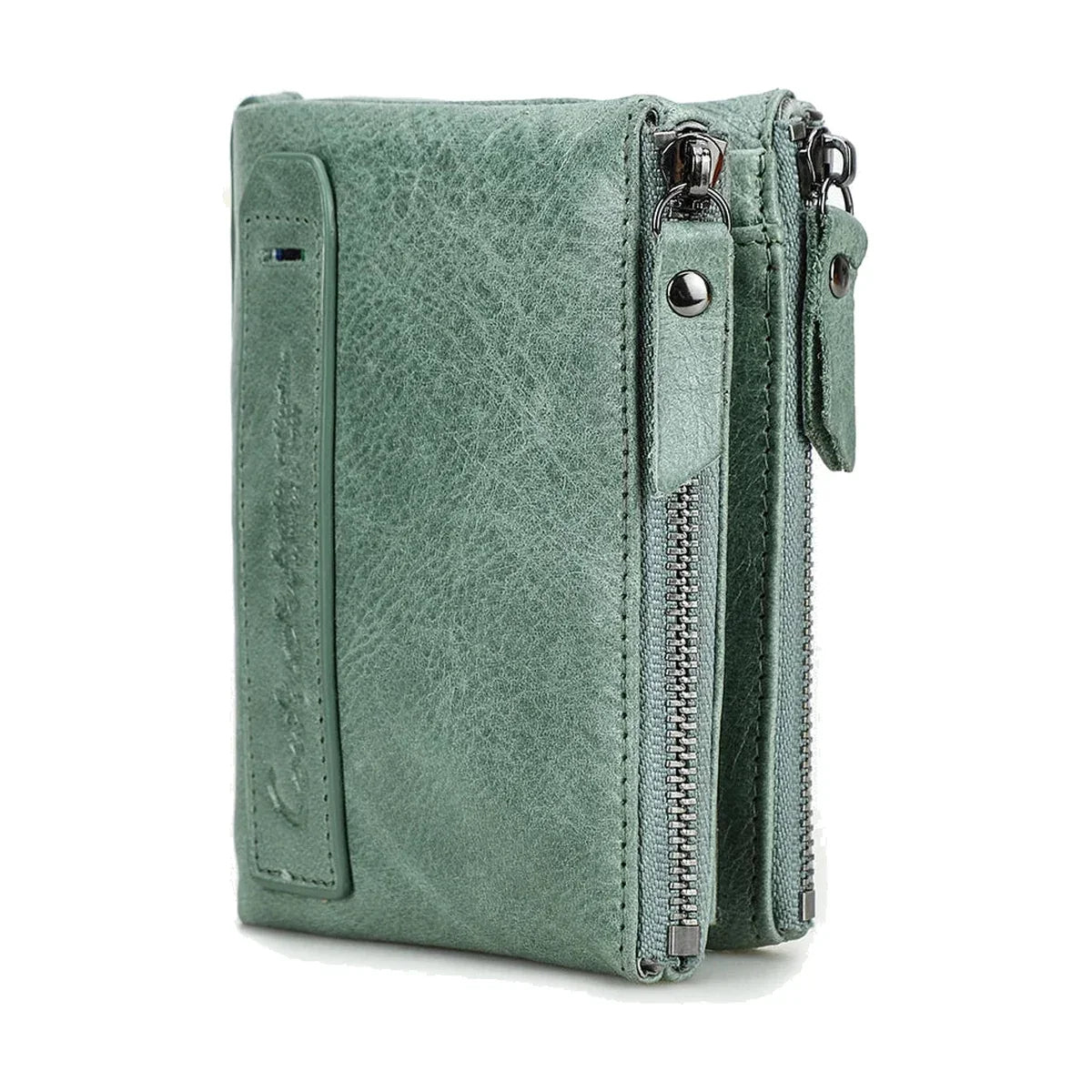 Leather Bifold Wallet - Dual Zip Coin Pockets & Photo Window - Sage