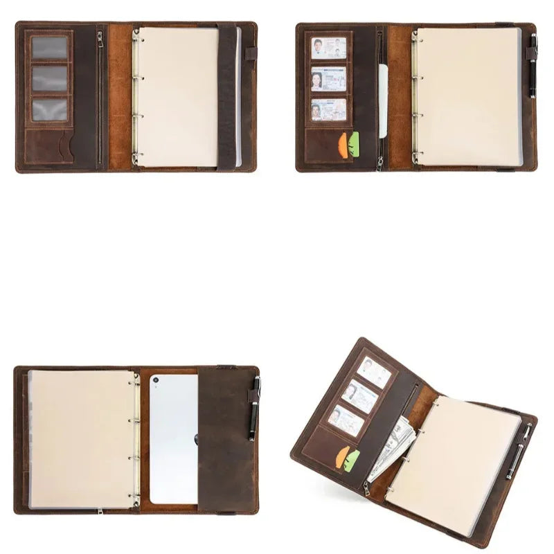 Leather Binder Padfolio - 4-Ring A4 Organizer with iPad Stand