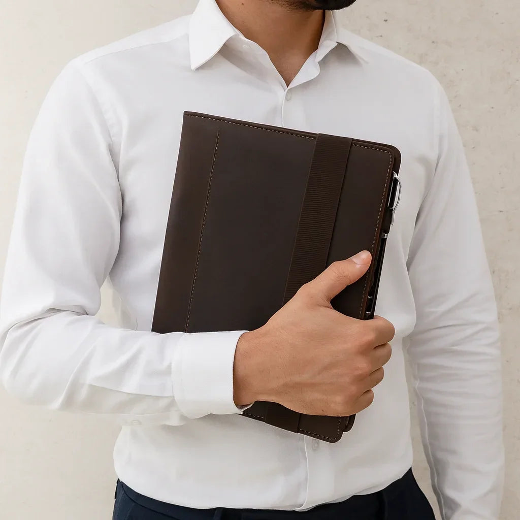 Leather Binder Padfolio - 4-Ring A4 Organizer with iPad Stand