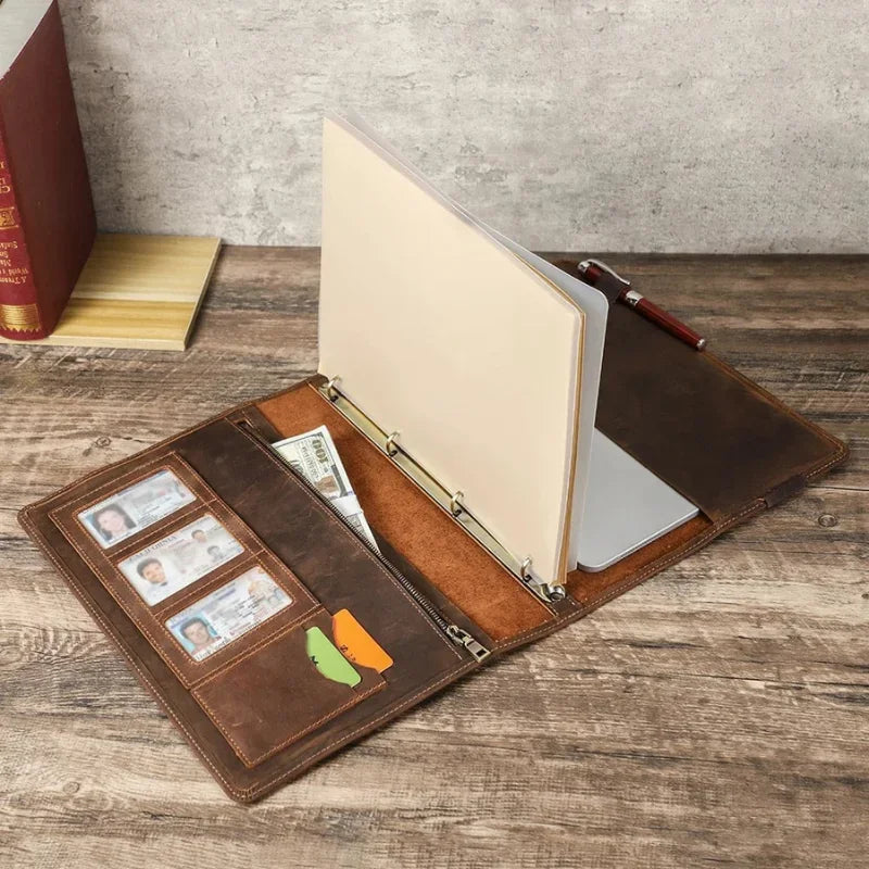 Leather Binder Padfolio - 4-Ring A4 Organizer with iPad Stand