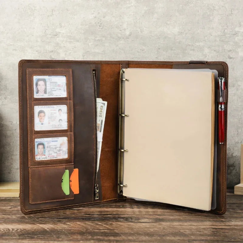 Leather Binder Padfolio - 4-Ring A4 Organizer with iPad Stand
