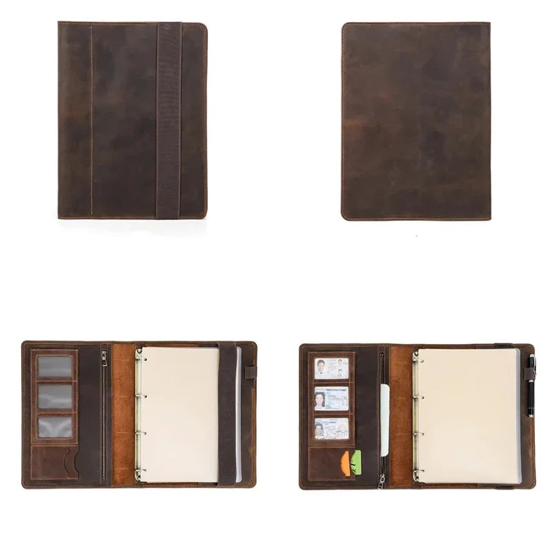 Leather Binder Padfolio - 4-Ring A4 Organizer with iPad Stand