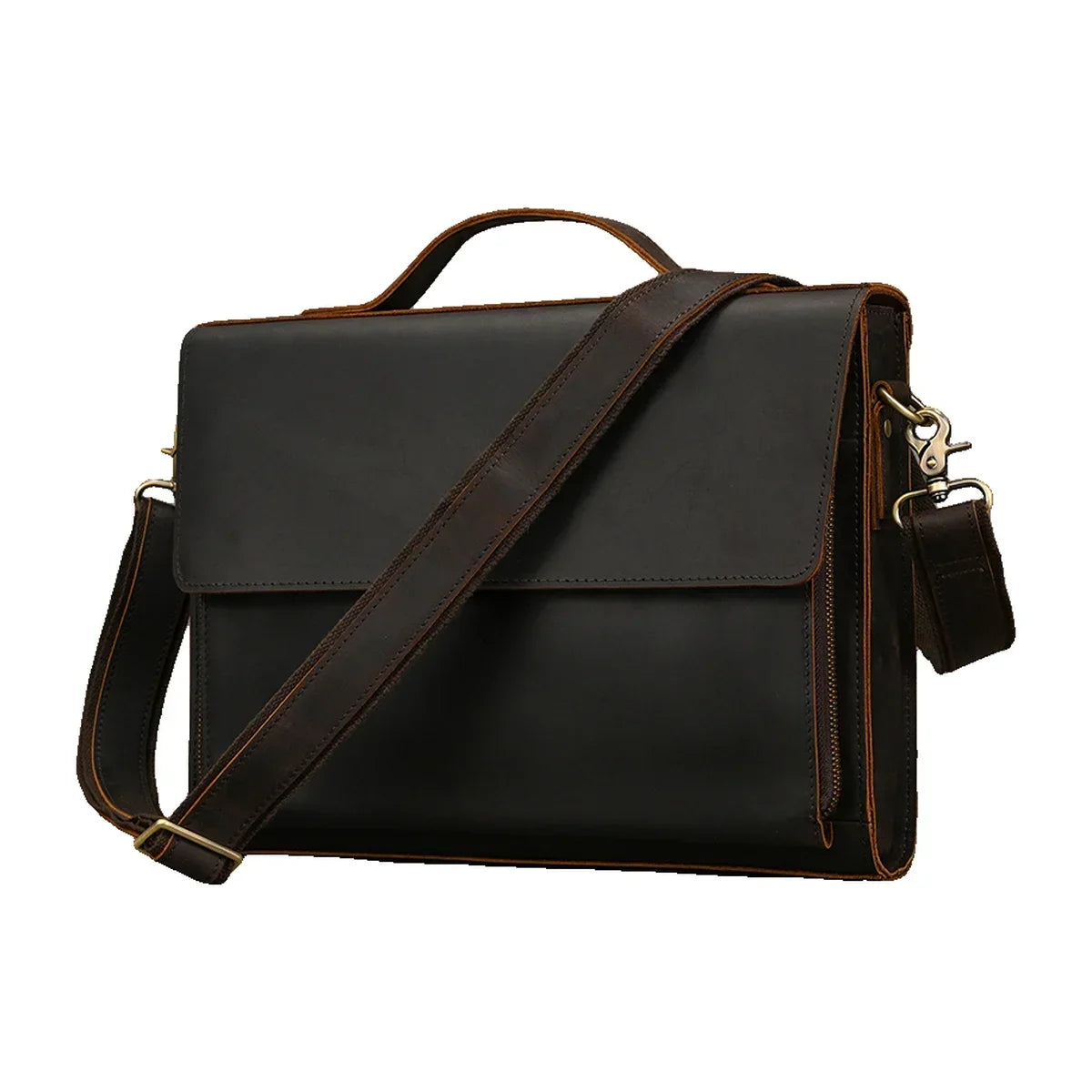 Slim Leather Flap Briefcase with Magnetic Closure - Dark Brown