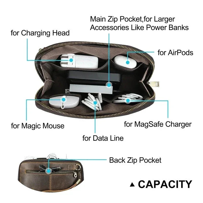 Leather Cable Organizer Clutch - Wristlet Charger & Power Bank Case