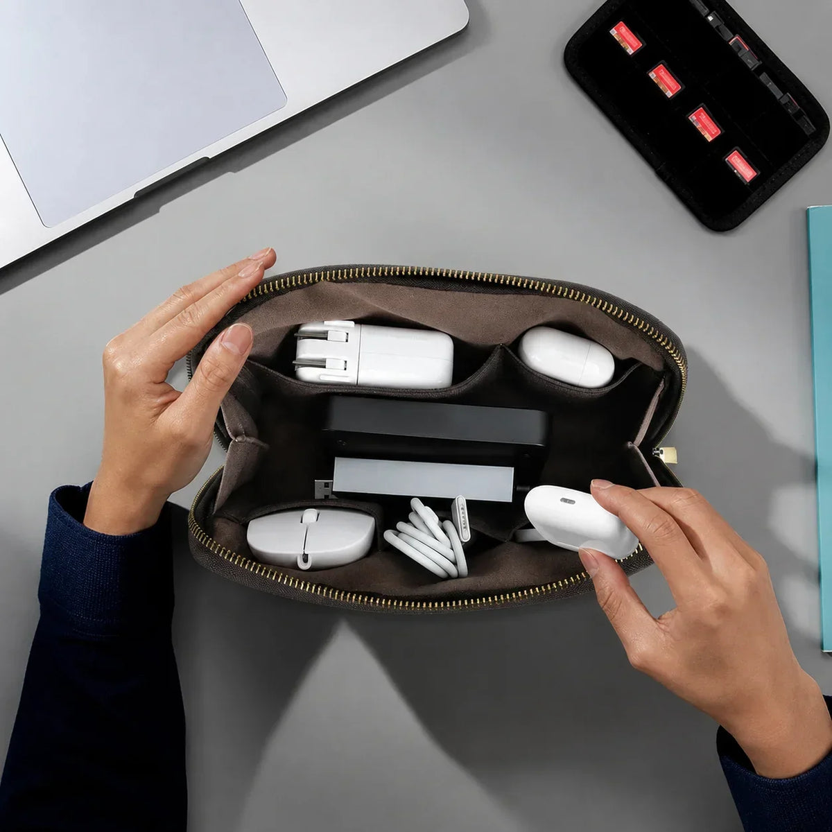 Leather Cable Organizer Clutch - Wristlet Charger & Power Bank Case