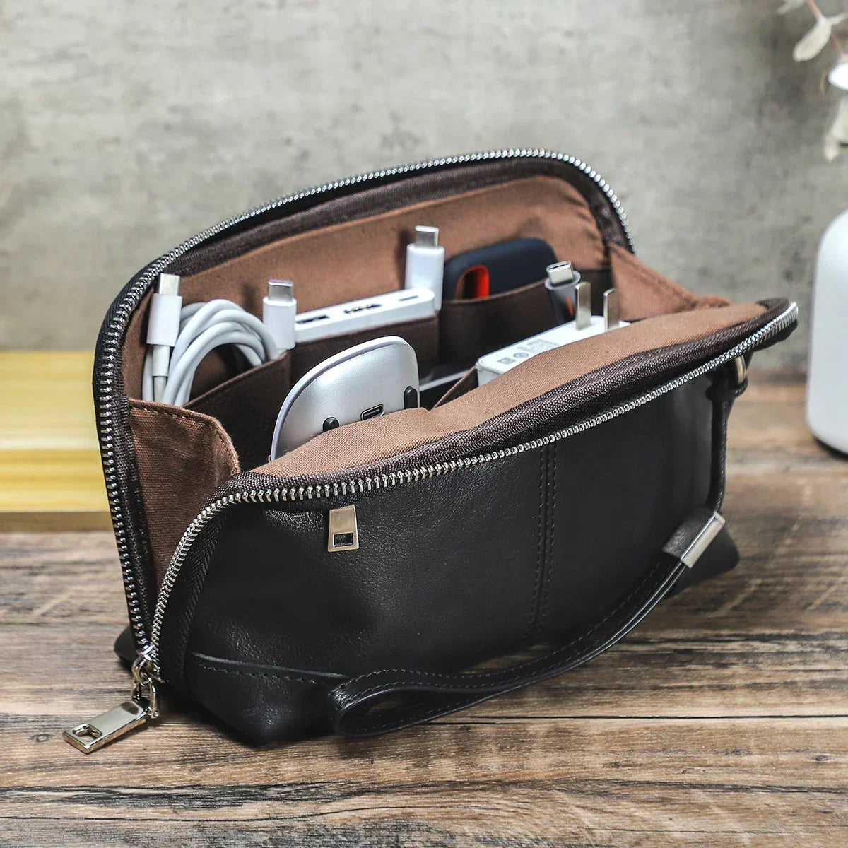 Leather Cable Organizer Clutch - Wristlet Charger & Power Bank Case - Black