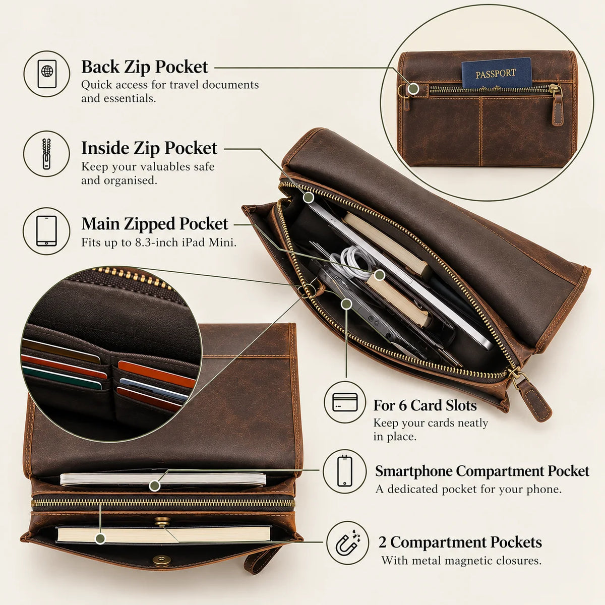Leather Clutch Bag - Combination Lock Crazy Horse Organizer - Coffee