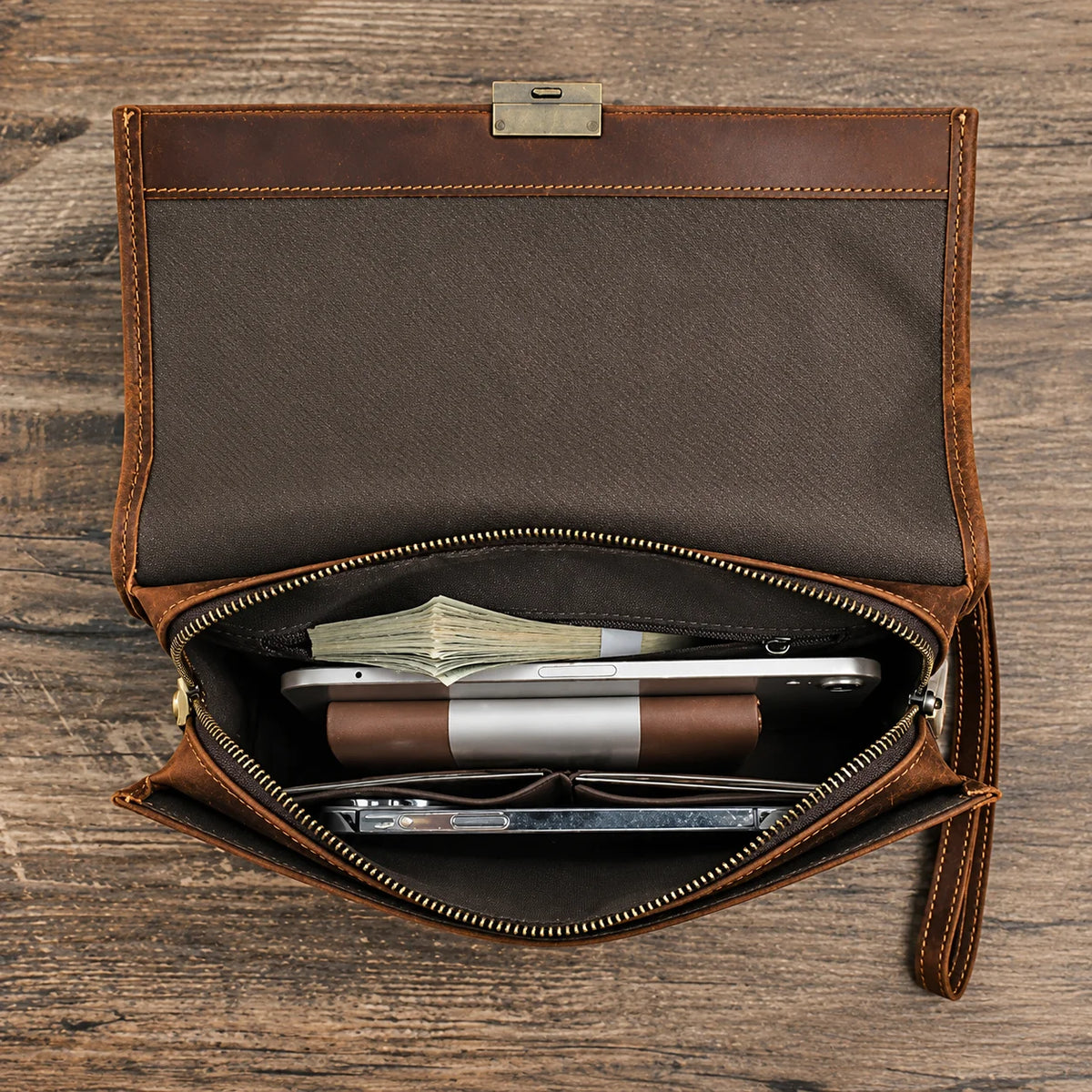 Leather Clutch Bag - Combination Lock Crazy Horse Organizer - Coffee