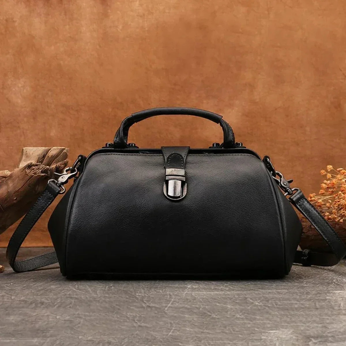 Leather Doctor Bag with Push-Lock and Shoulder Strap
