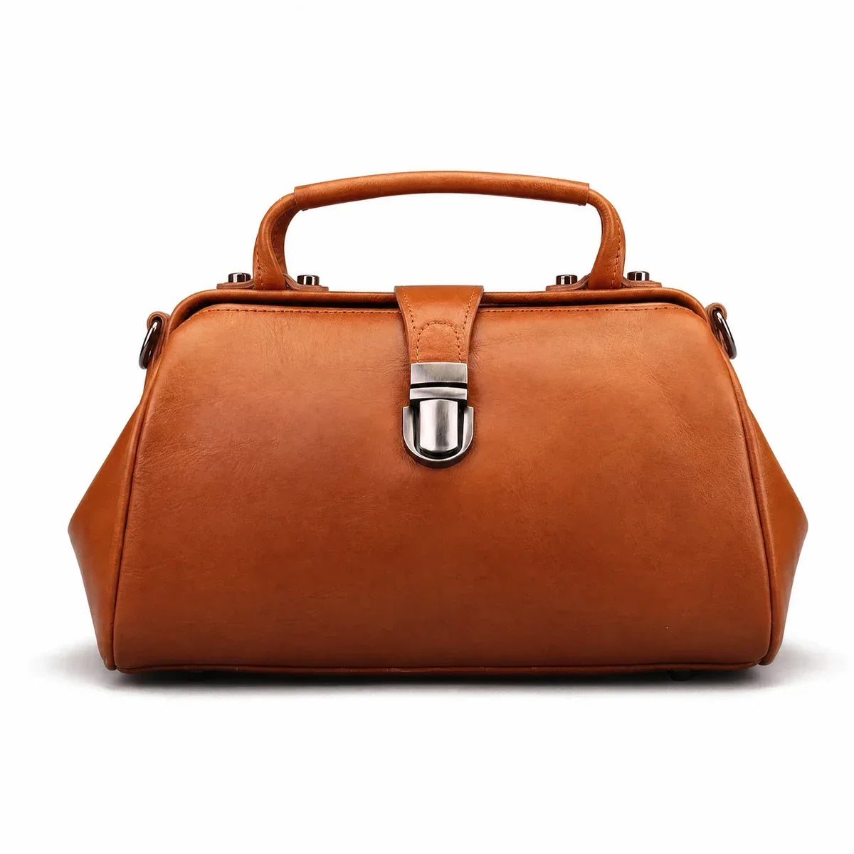 Leather Doctor Bag with Push-Lock and Shoulder Strap - Brown