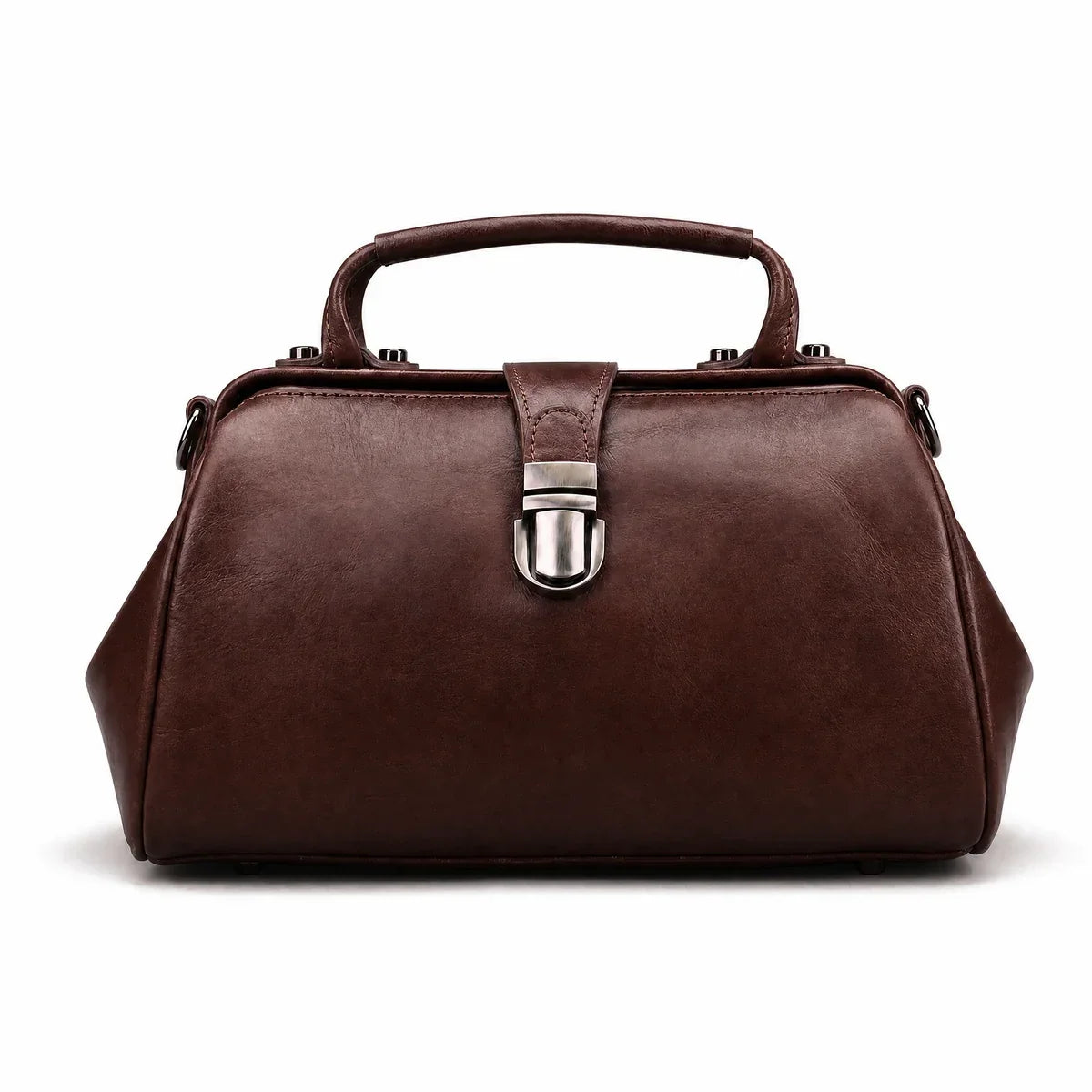Leather Doctor Bag with Push-Lock and Shoulder Strap - Coffee