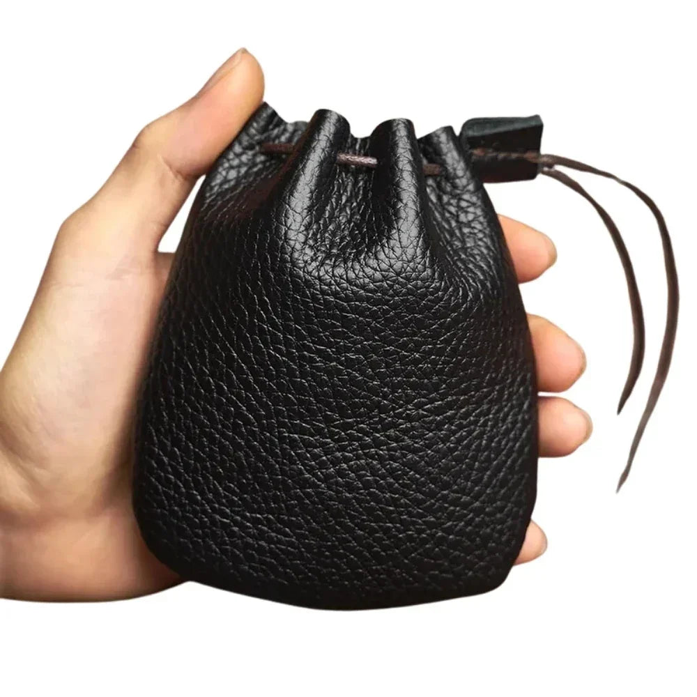 Leather Drawstring Pouch - Small Bag for Earbuds & Keys