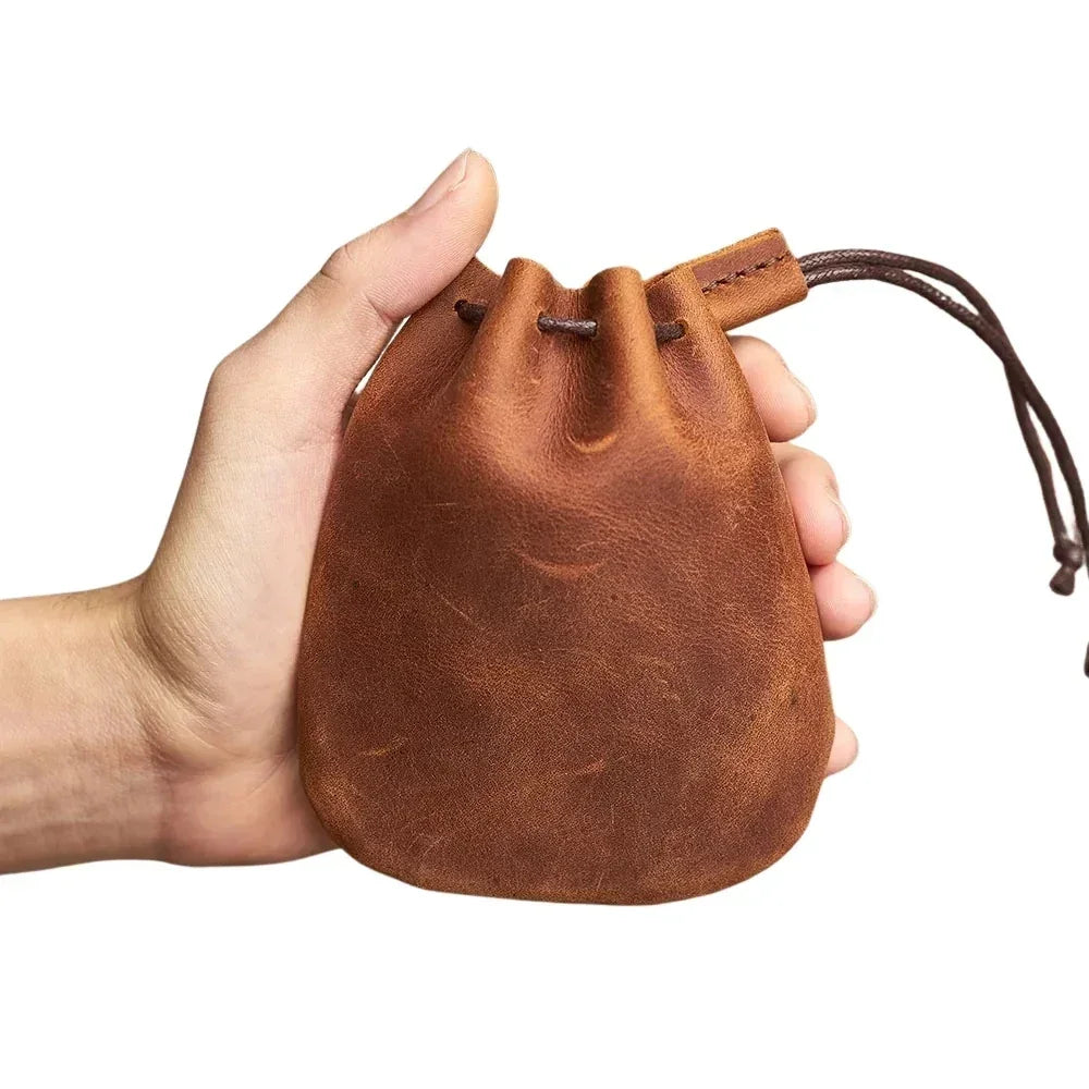 Leather Drawstring Pouch - Small Bag for Earbuds & Keys
