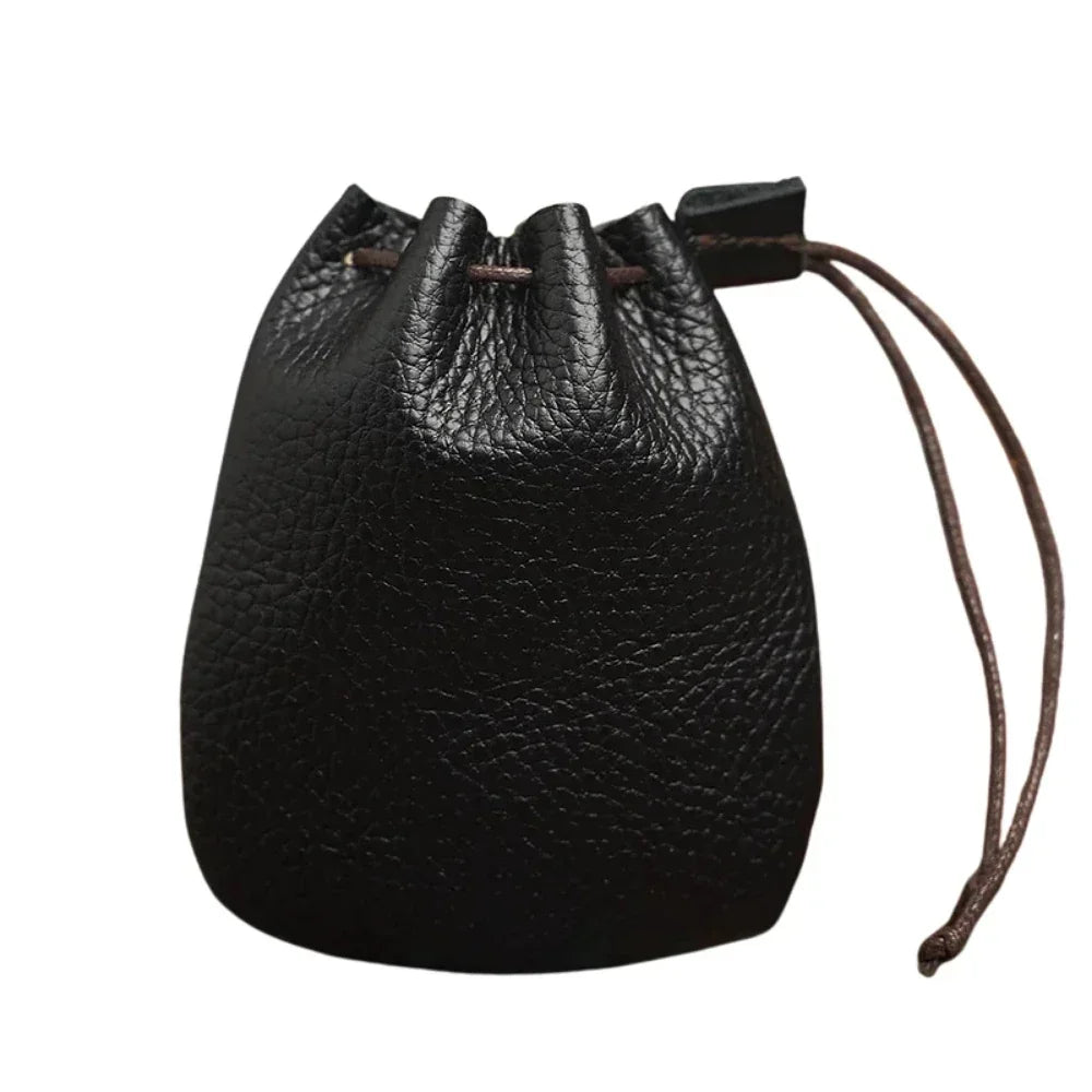 Leather Drawstring Pouch - Small Bag for Earbuds & Keys - Black Pebbled