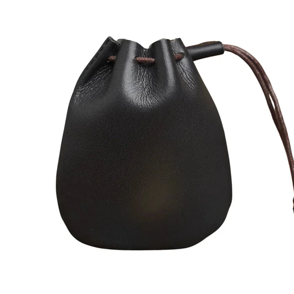 Leather Drawstring Pouch - Small Bag for Earbuds & Keys - Black Smooth