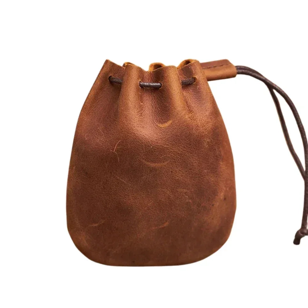 Leather Drawstring Pouch - Small Bag for Earbuds & Keys - Vintage Brown