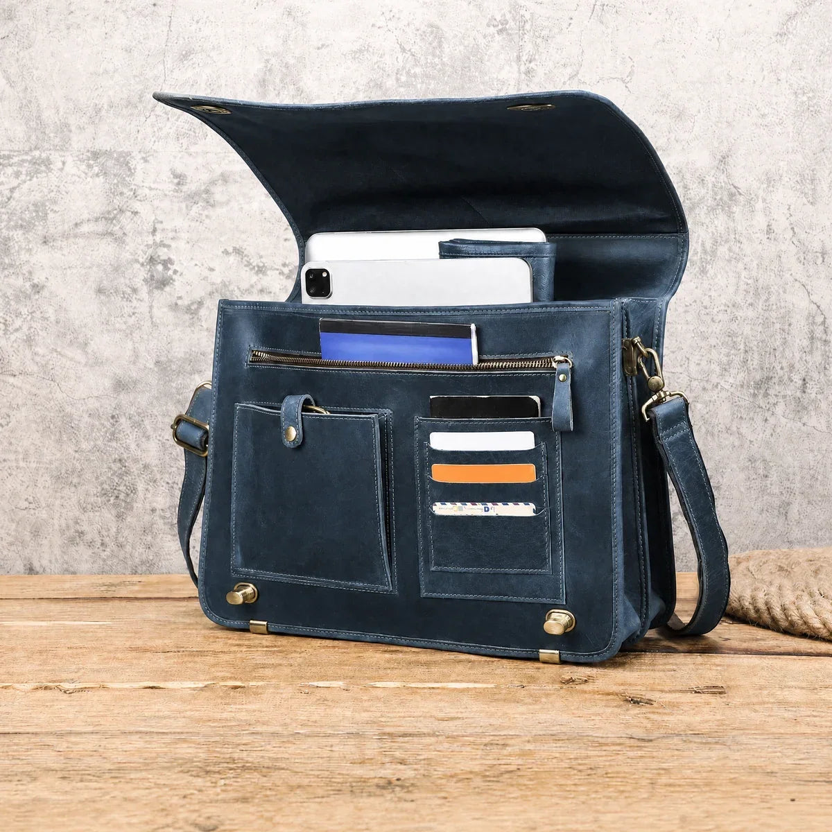 Leather Messenger Briefcase with Twist Locks