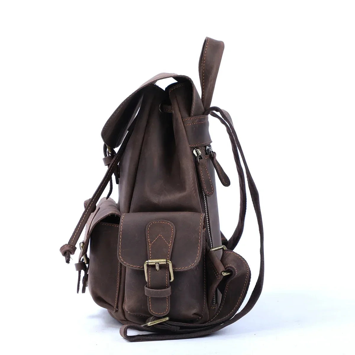 Men’s Crazy Horse Leather Mini Backpack with Drawstring - Vintage Coffee